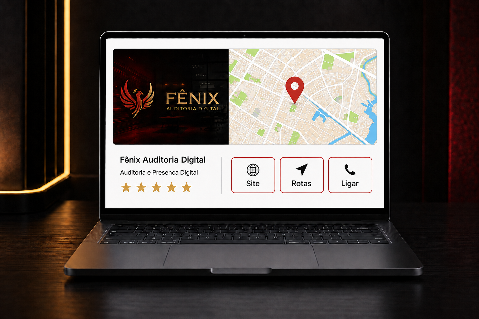 Notebook sobre uma mesa exibindo um perfil empresarial com mapa, avaliações e opções de contato